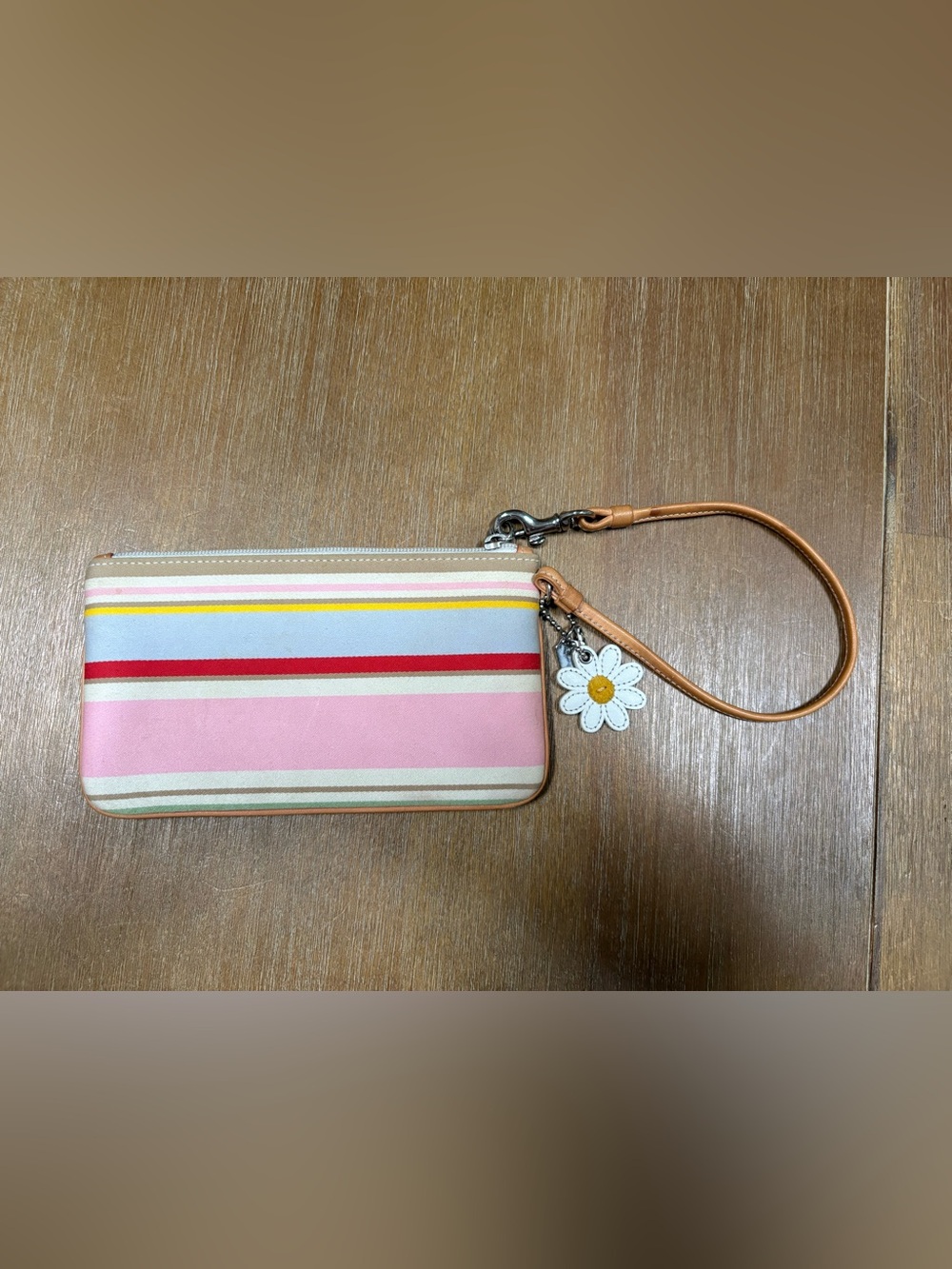 Coach Pink & Multicolor Stripe Wristlet with Daisy Charm